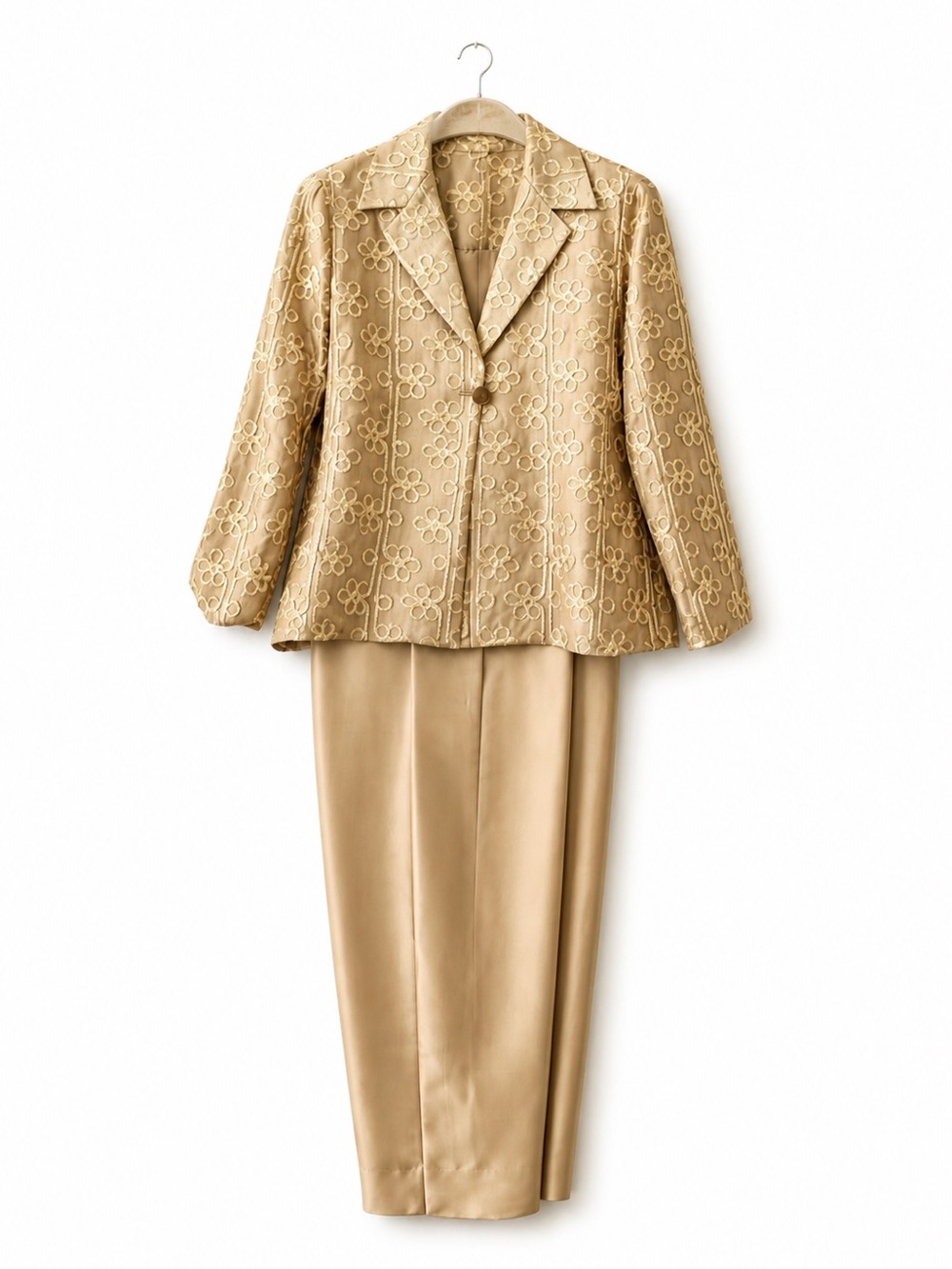 Ann May 100% Silk Gold 3PC Pant Suit Embroidered Jacket Formal Wedding S